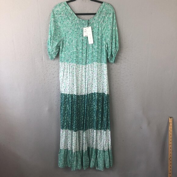 Zara Dress Womens Medium Green Floral Tiered Maxi Boho Peasant Puff Sleeve - Picture 3 of 16